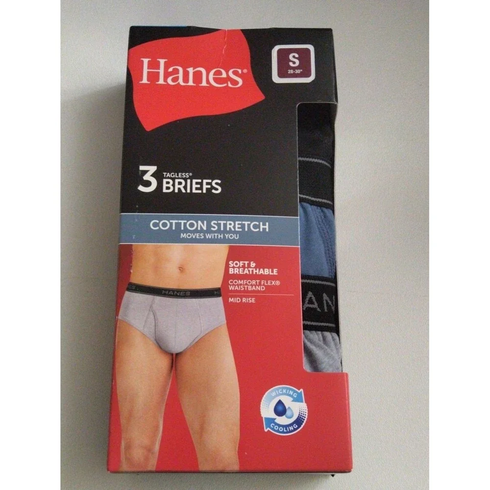 Hanes Men’s Cotton Stretch Briefs - Black, Gray, Blue 3-Pack New Size S 28